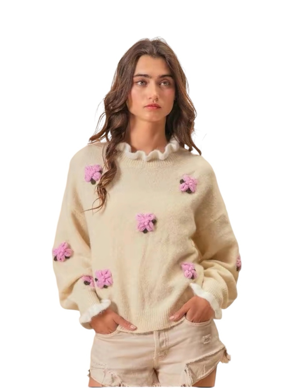 BiBi Ruffled Crochet Flower Dropped Shoulder Sweater- Medium